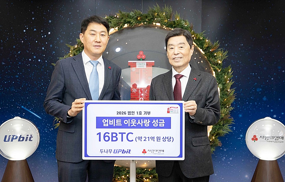 오경석 두나무 대표(왼쪽)와 김병준 사회복지공동모금회장이 전달식에서 기념 사진을 촬영하고 있다.